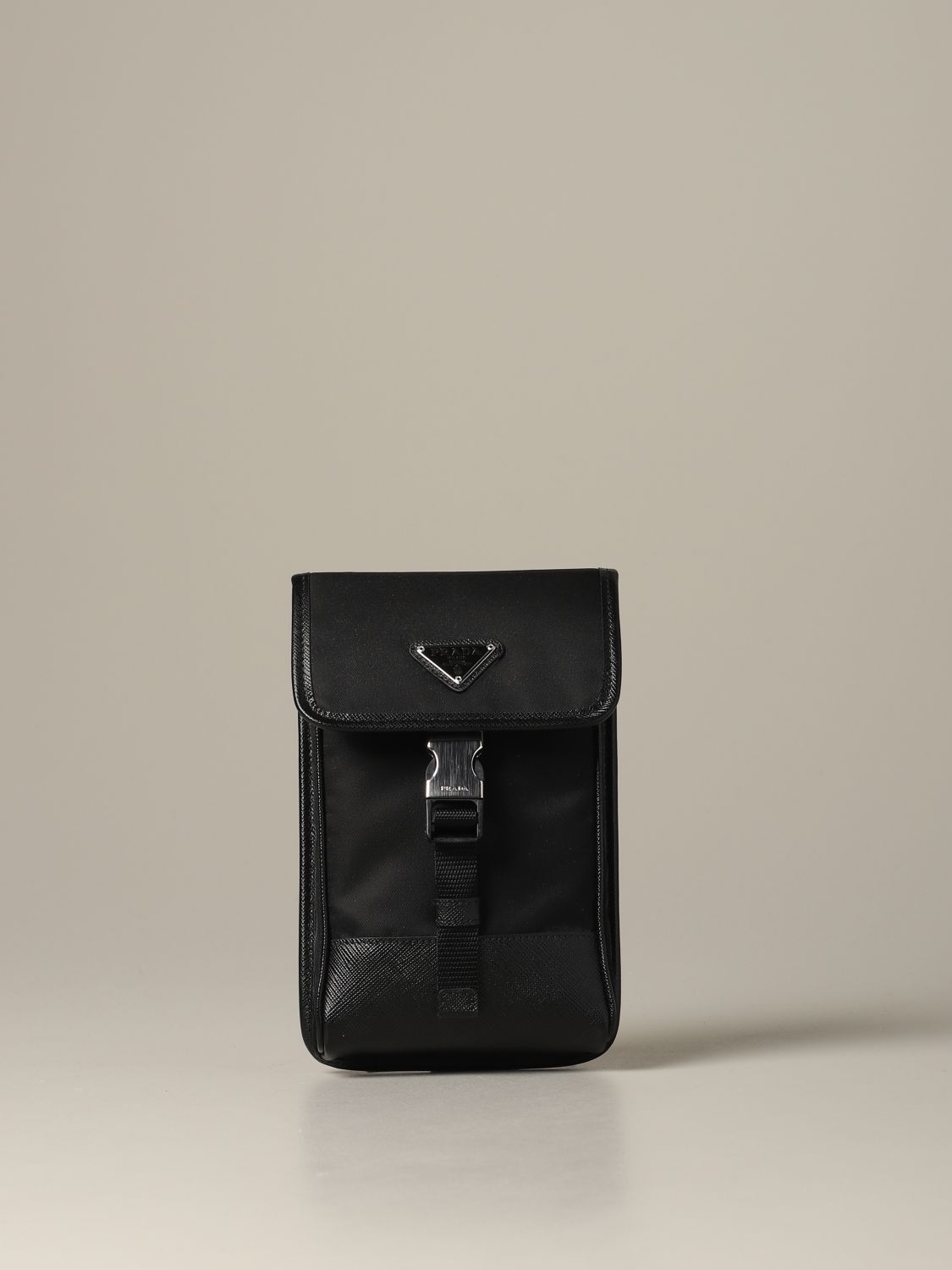 PRADA: vertical shoulder bag in nylon and saffiano leather - Black
