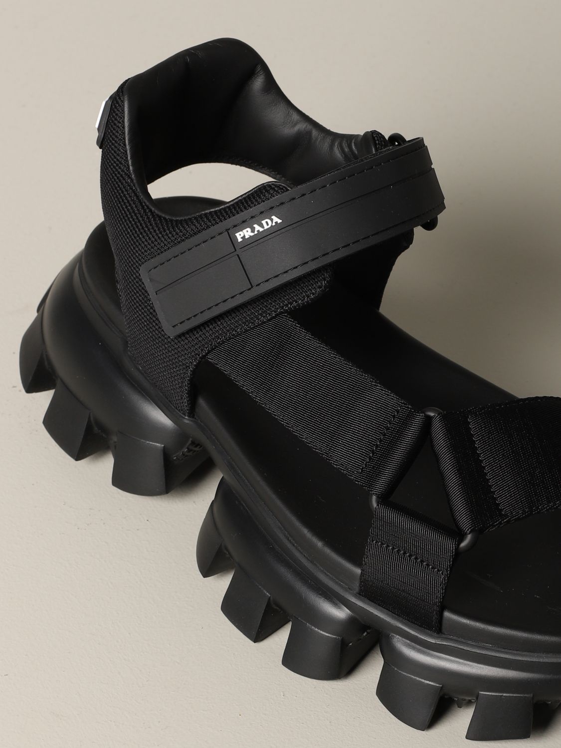 PRADA: thunder sandal in canvas and rubber with logo - Black | Sandals ...