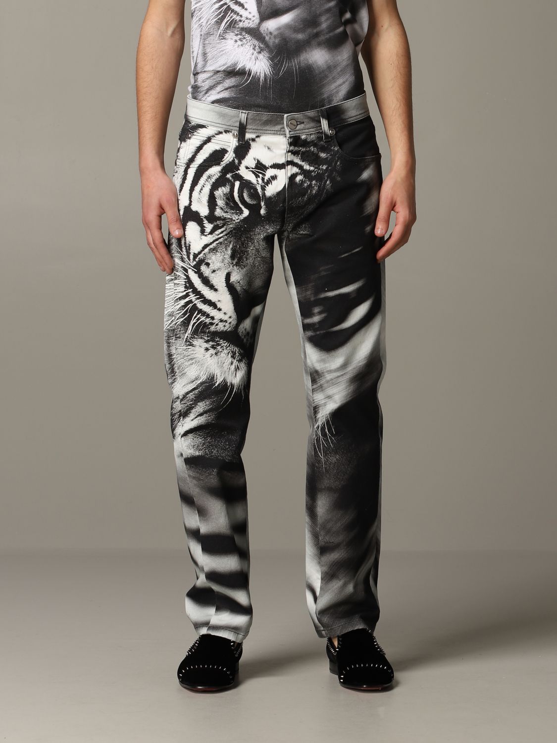 Roberto Cavalli Outlet: slim jeans with tiger - Grey | Roberto Cavalli jeans KNJ245 DAU37 online on GIGLIO.COM