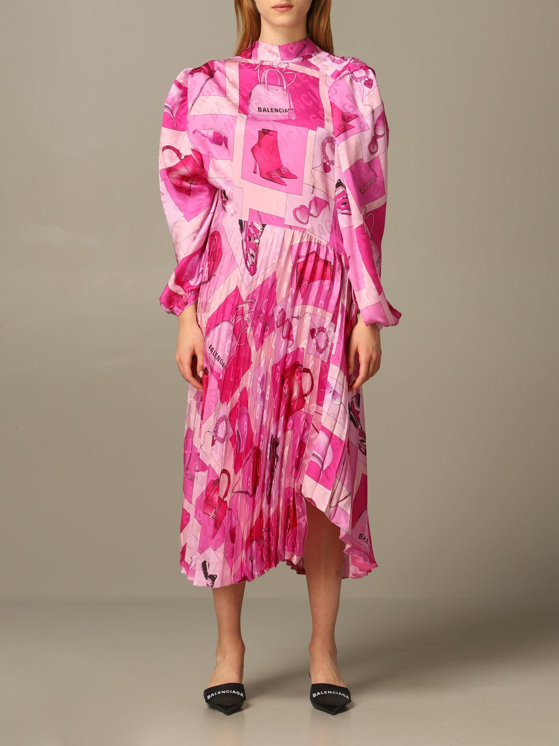 Balenciaga Outlet printed and pleated midi dress Pink Balenciaga