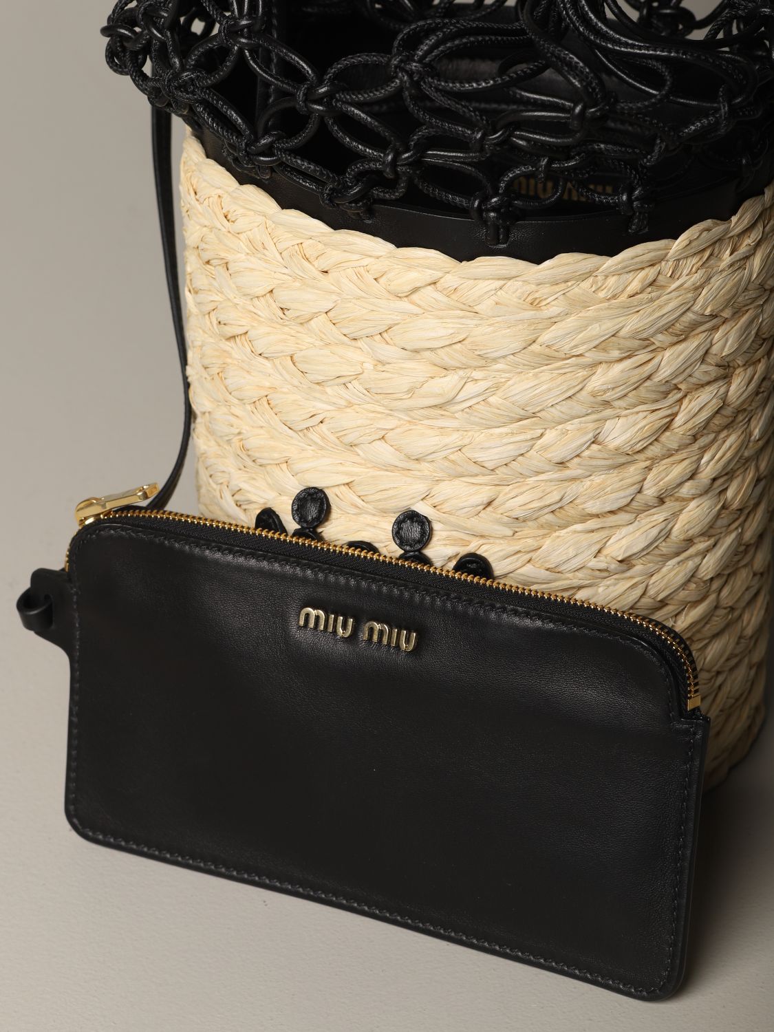 MIU MIU bucket bag in raffia and leather Handbag Miu Miu Women Black