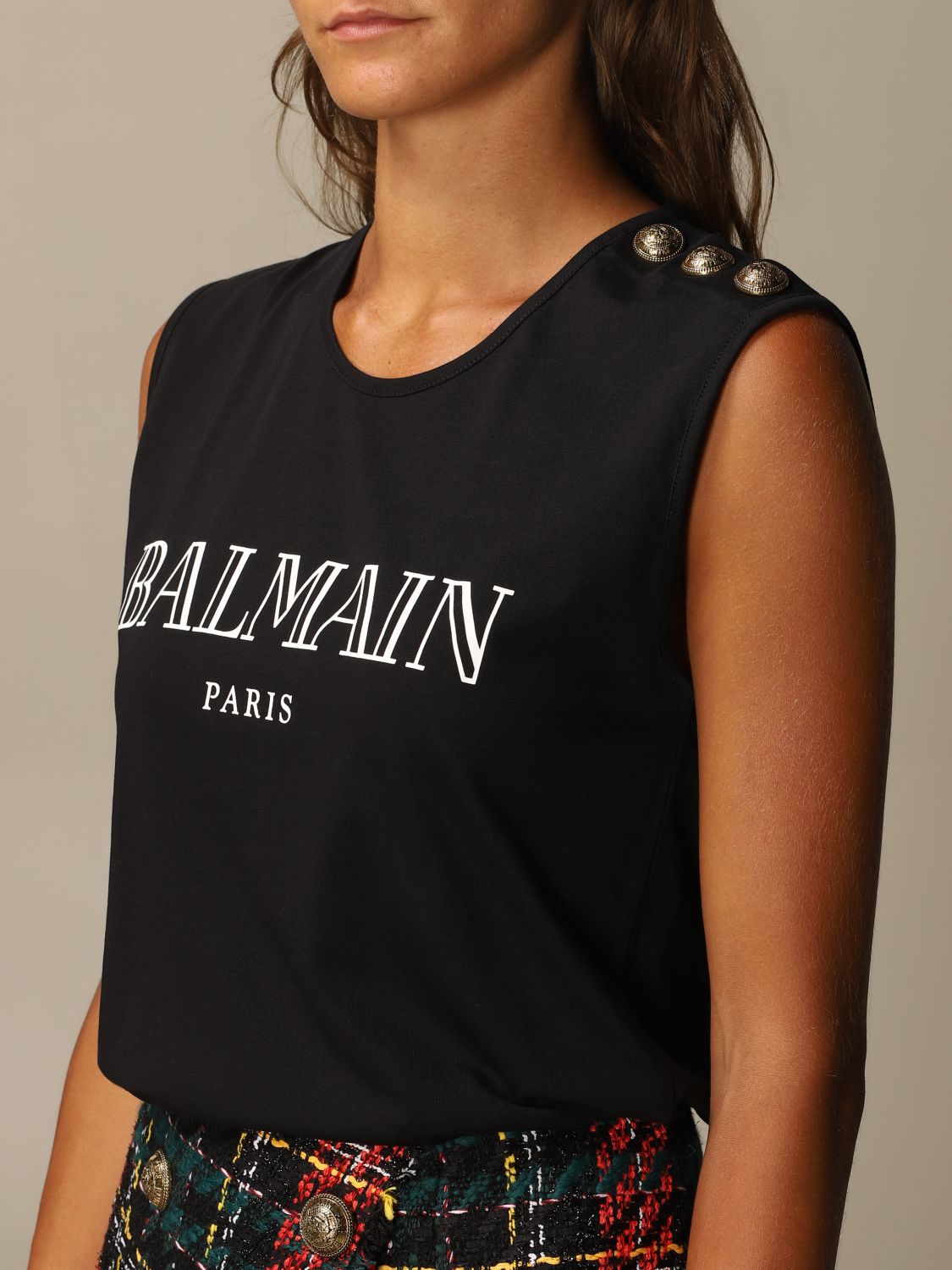 BALMAIN: cotton tank top with logo and buttons | Top Balmain Women ...