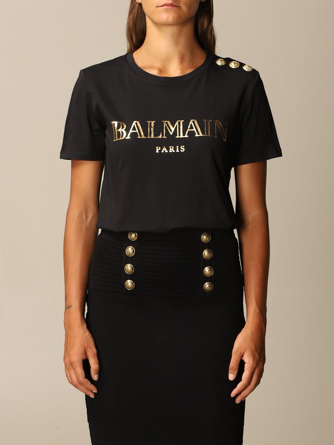 BALMAIN: cotton T-shirt with logo and buttons - Black | Balmain t-shirt ...