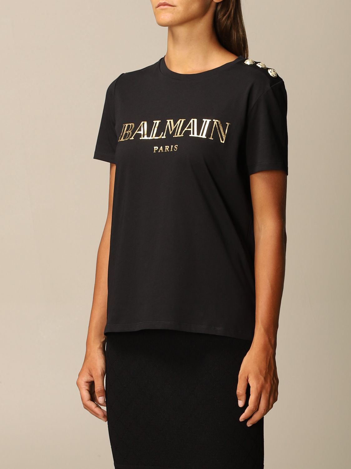 BALMAIN: cotton T-shirt with logo and buttons - Black | T-Shirt Balmain ...