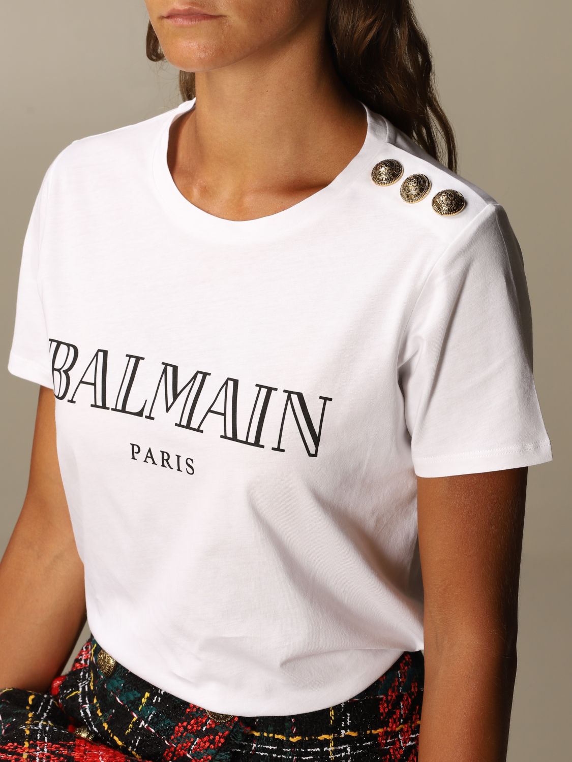 BALMAIN: cotton T-shirt with logo and buttons - White | T-Shirt Balmain ...