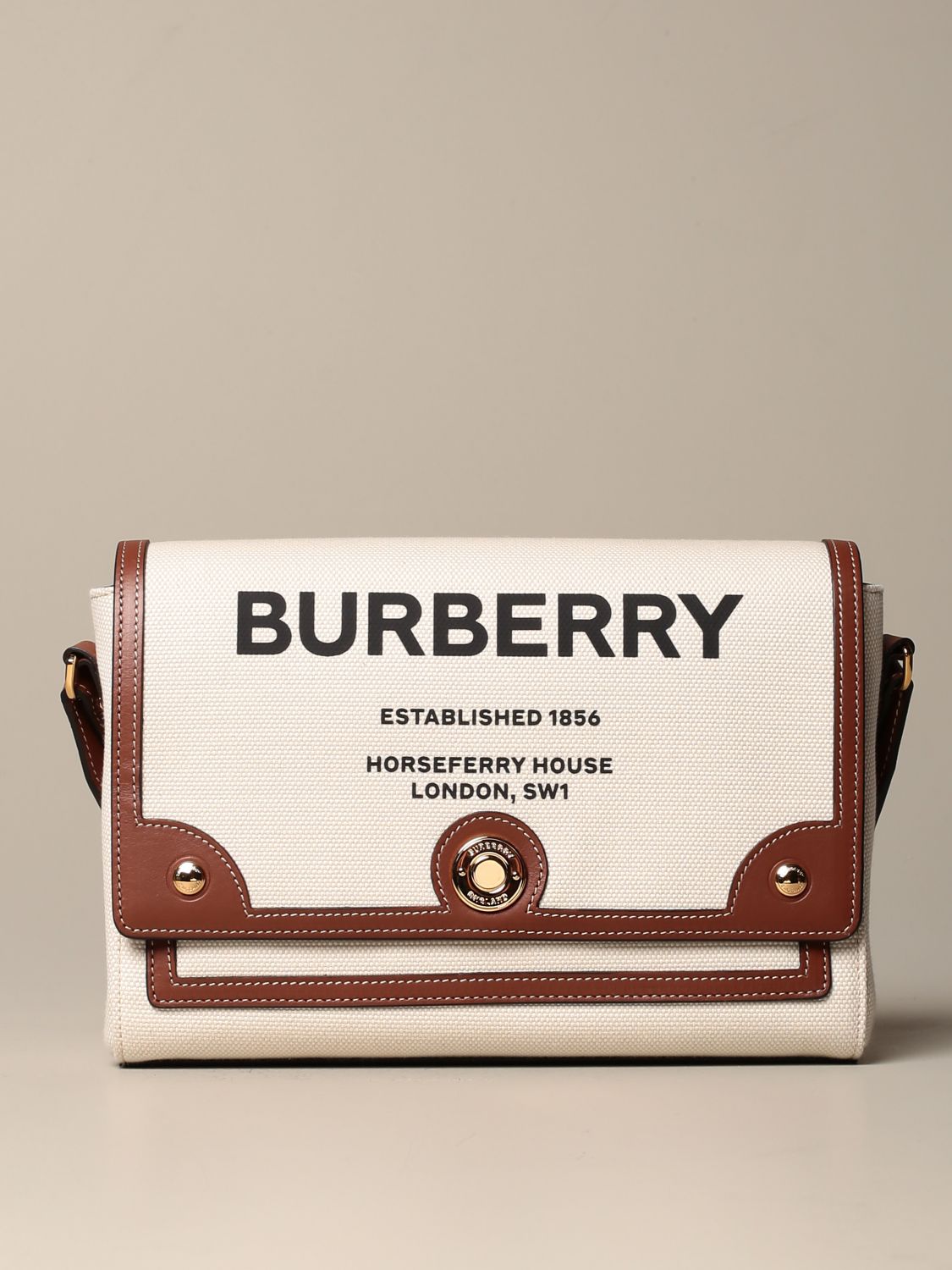 BURBERRY: Note shoulder bag in canvas with Horseferry print - Brown