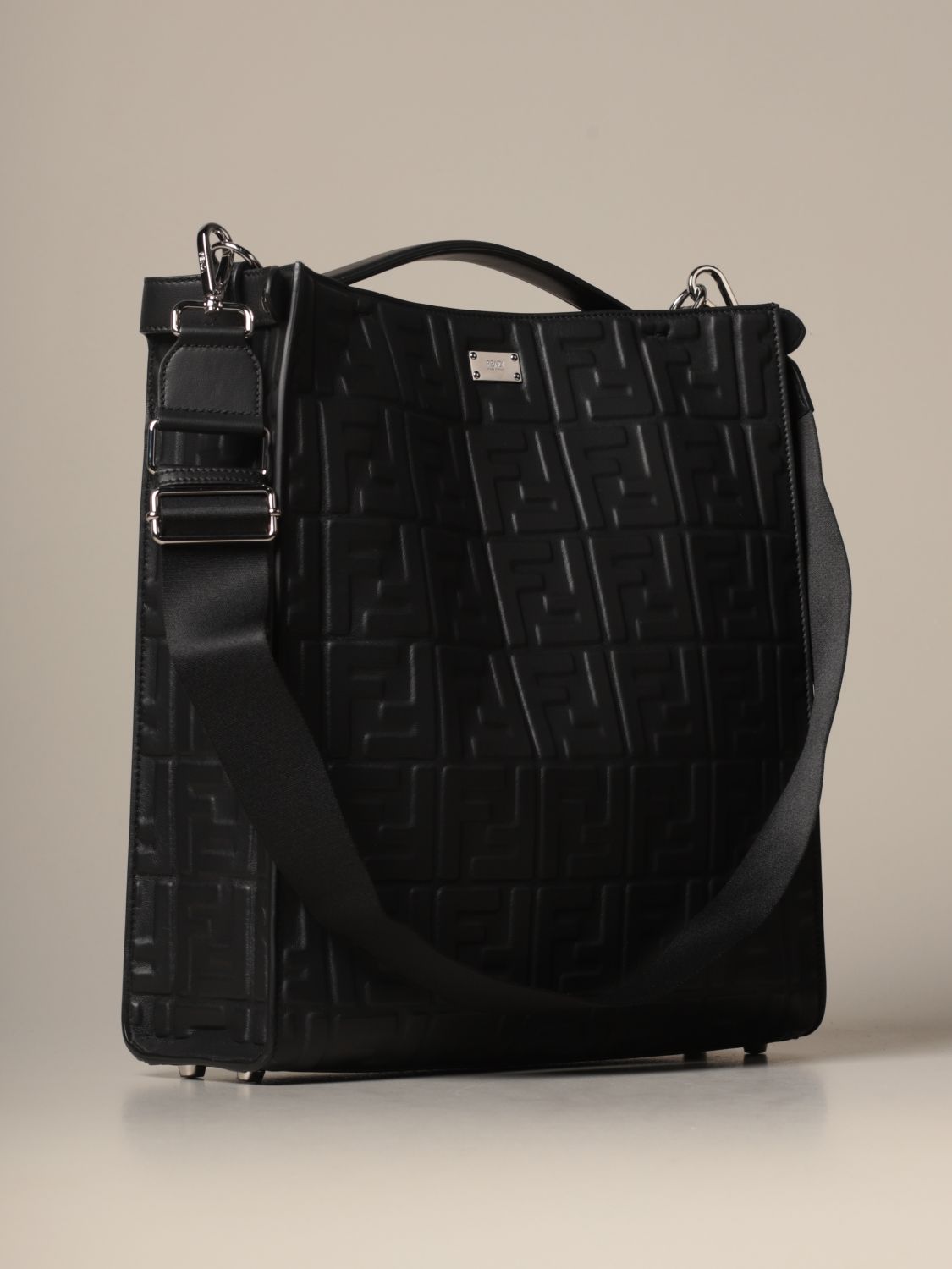 FENDI Peekaboo tote bag in leather with embossed FF logo Black