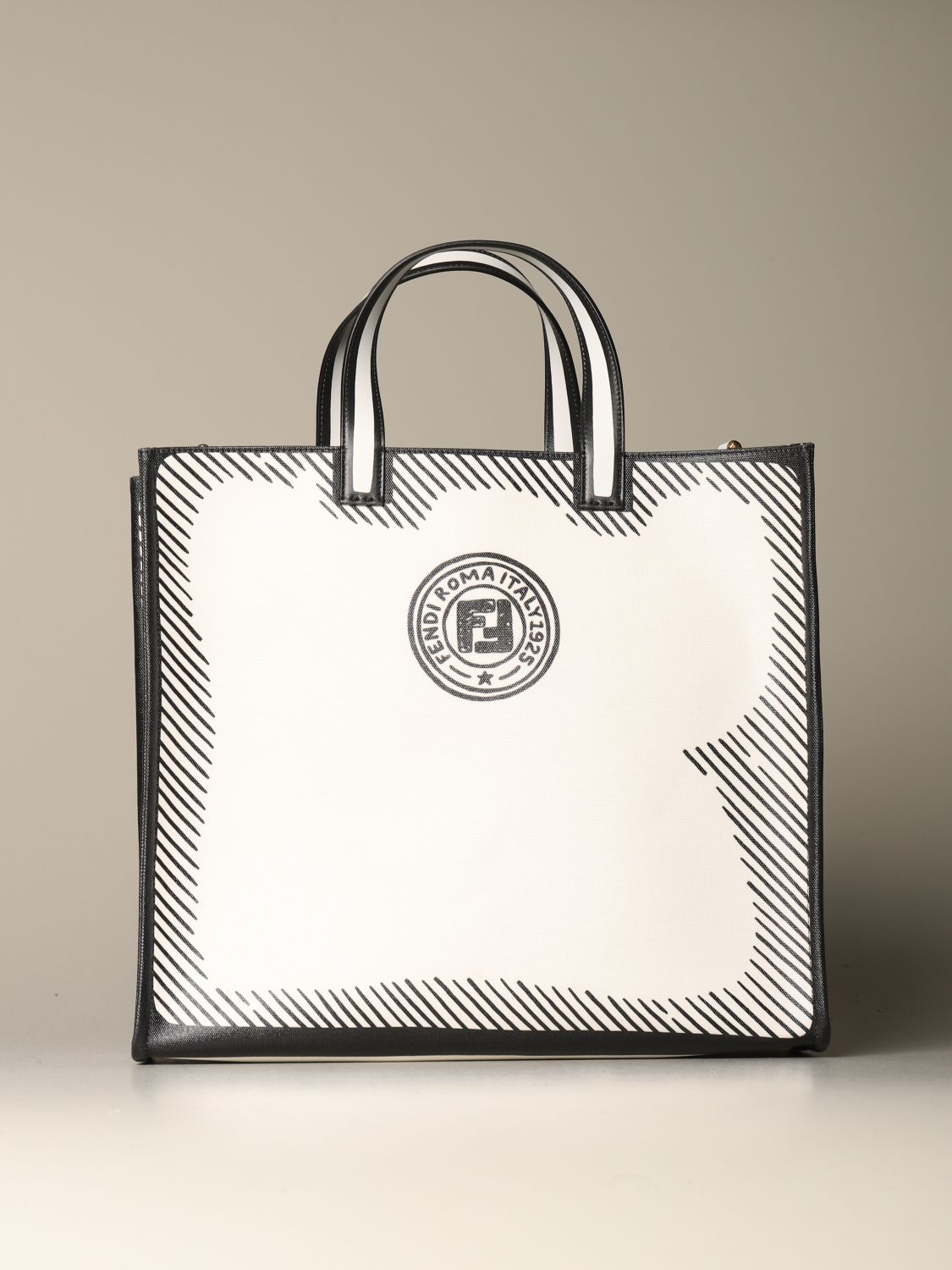 FENDI: shopping bag in vitrified canvas with logo print - White | Fendi ...