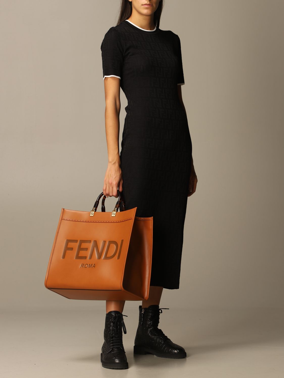 Fendi leather shopping bag with big Fendi Roma logo | Tote Bags Fendi