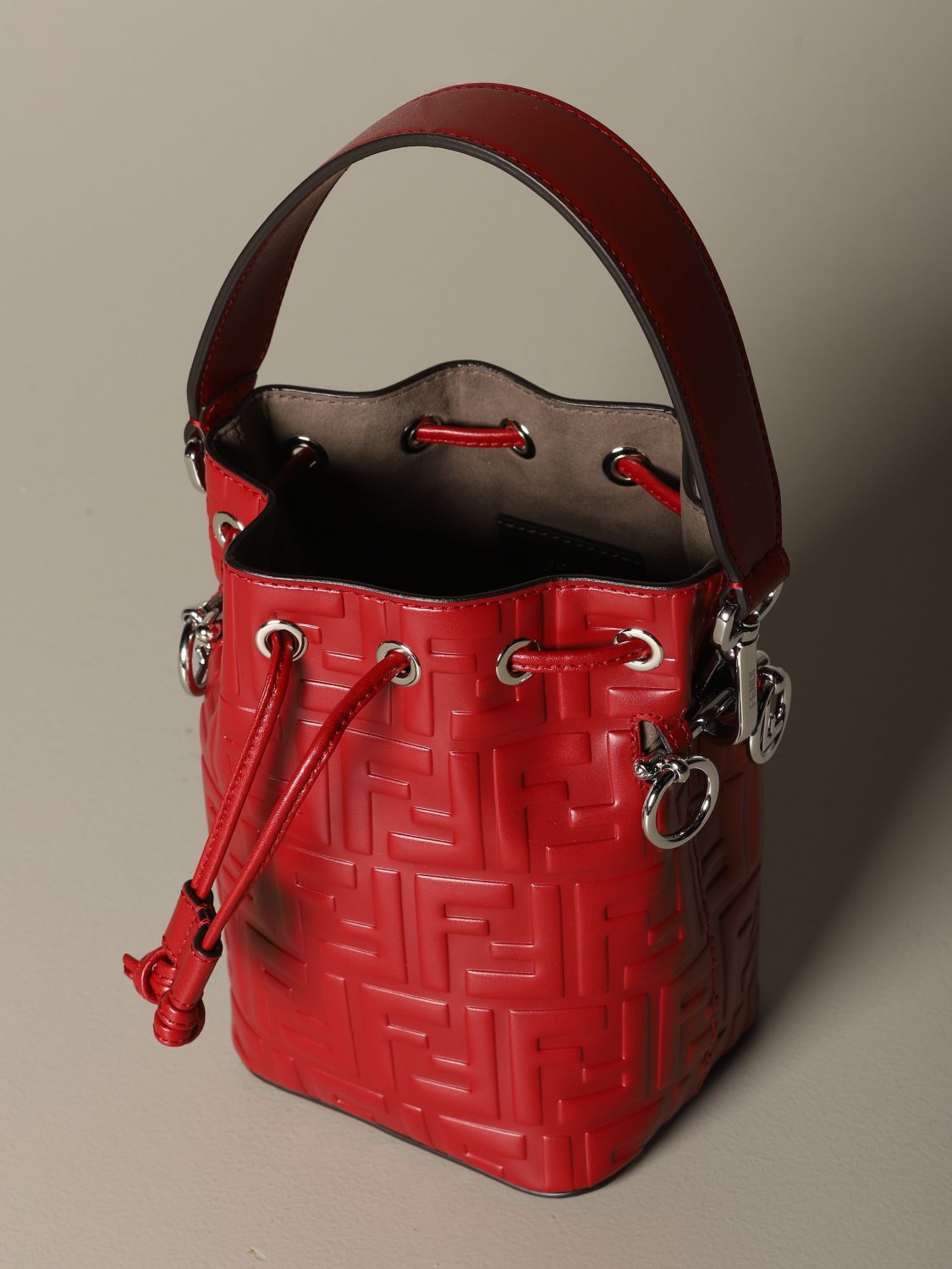 FENDI Mon tresor bucket bag in leather with embossed logo Red