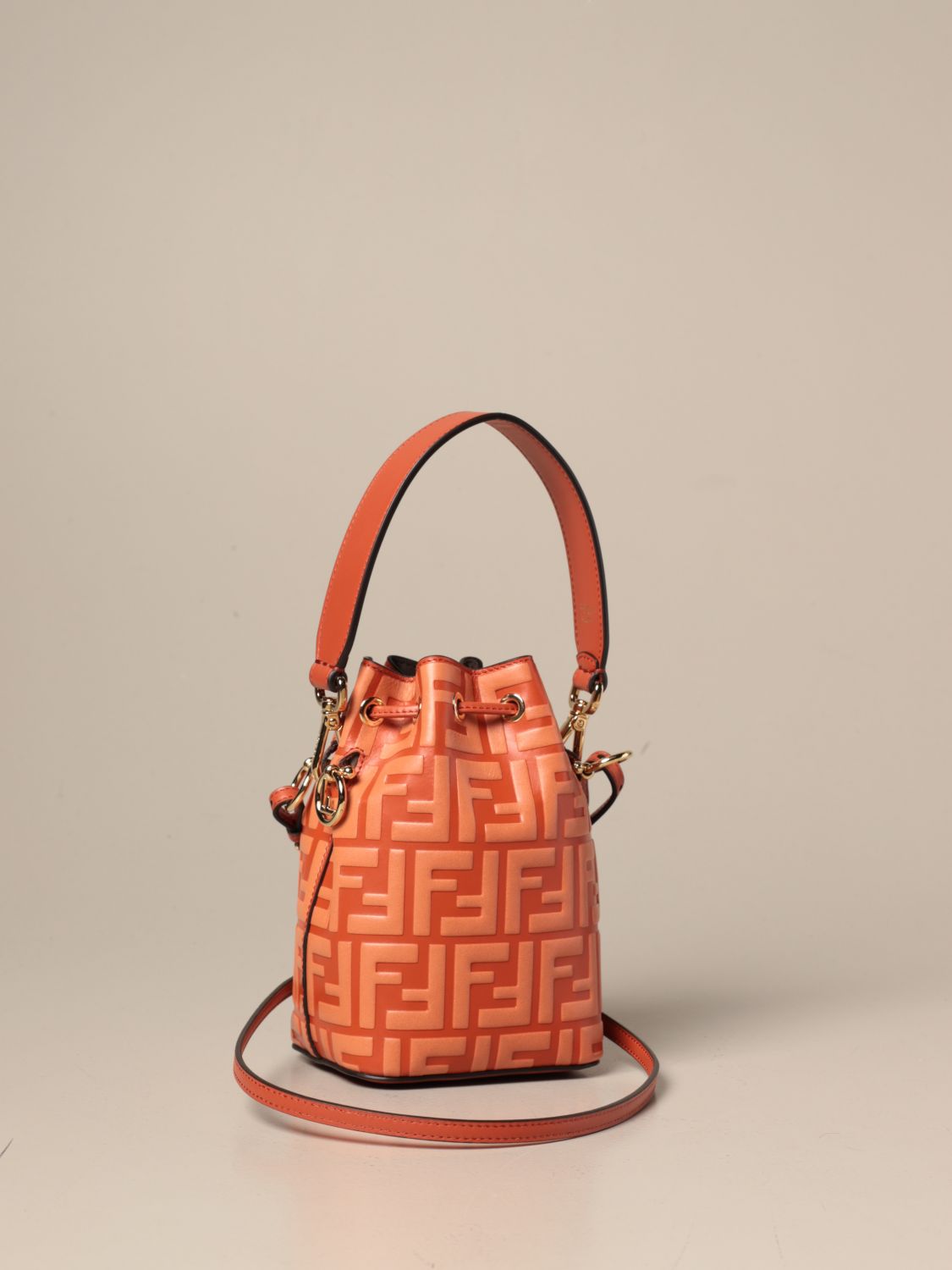 Fendi Peach/Red Leather Mini Mon Tresor Drawstring Bucket Bag Fendi