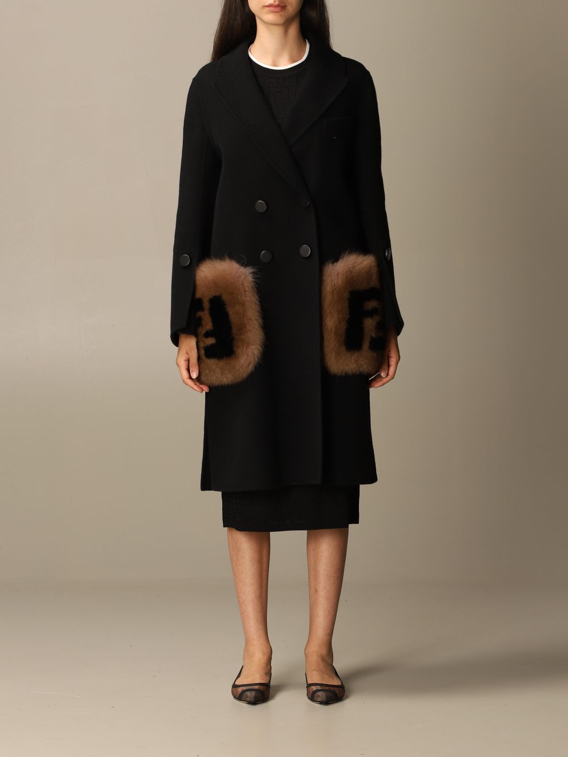 FENDI: coat with fur pockets and FF logo | Coat Fendi Women Black