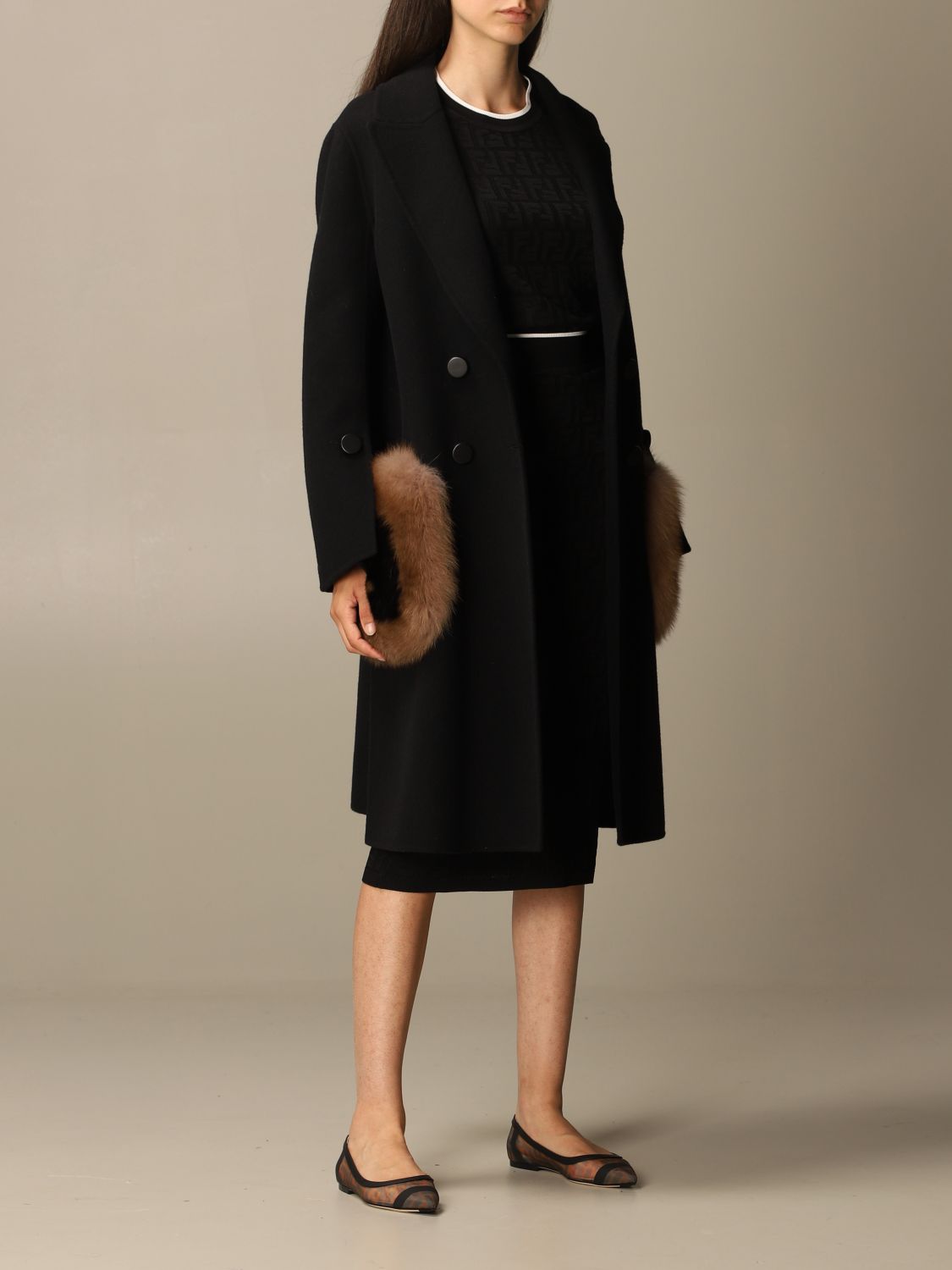 FENDI: coat with fur pockets and FF 