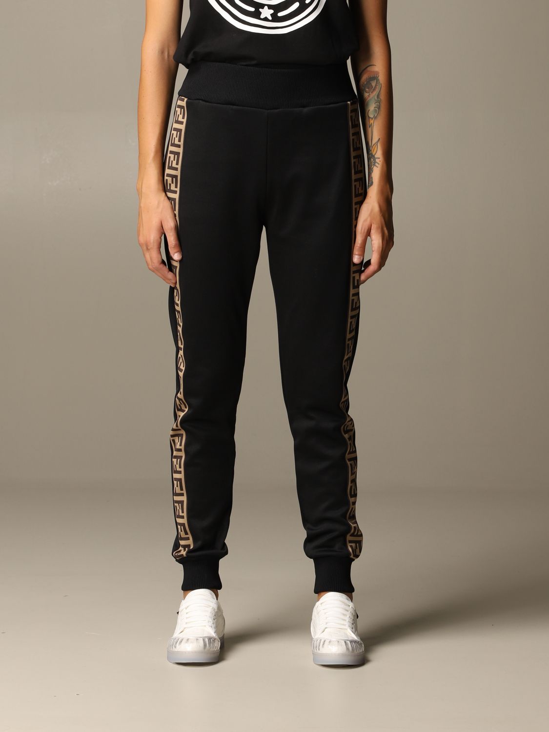 FENDI: jogging trousers in acetate with FF bands - Black | Fendi pants ...