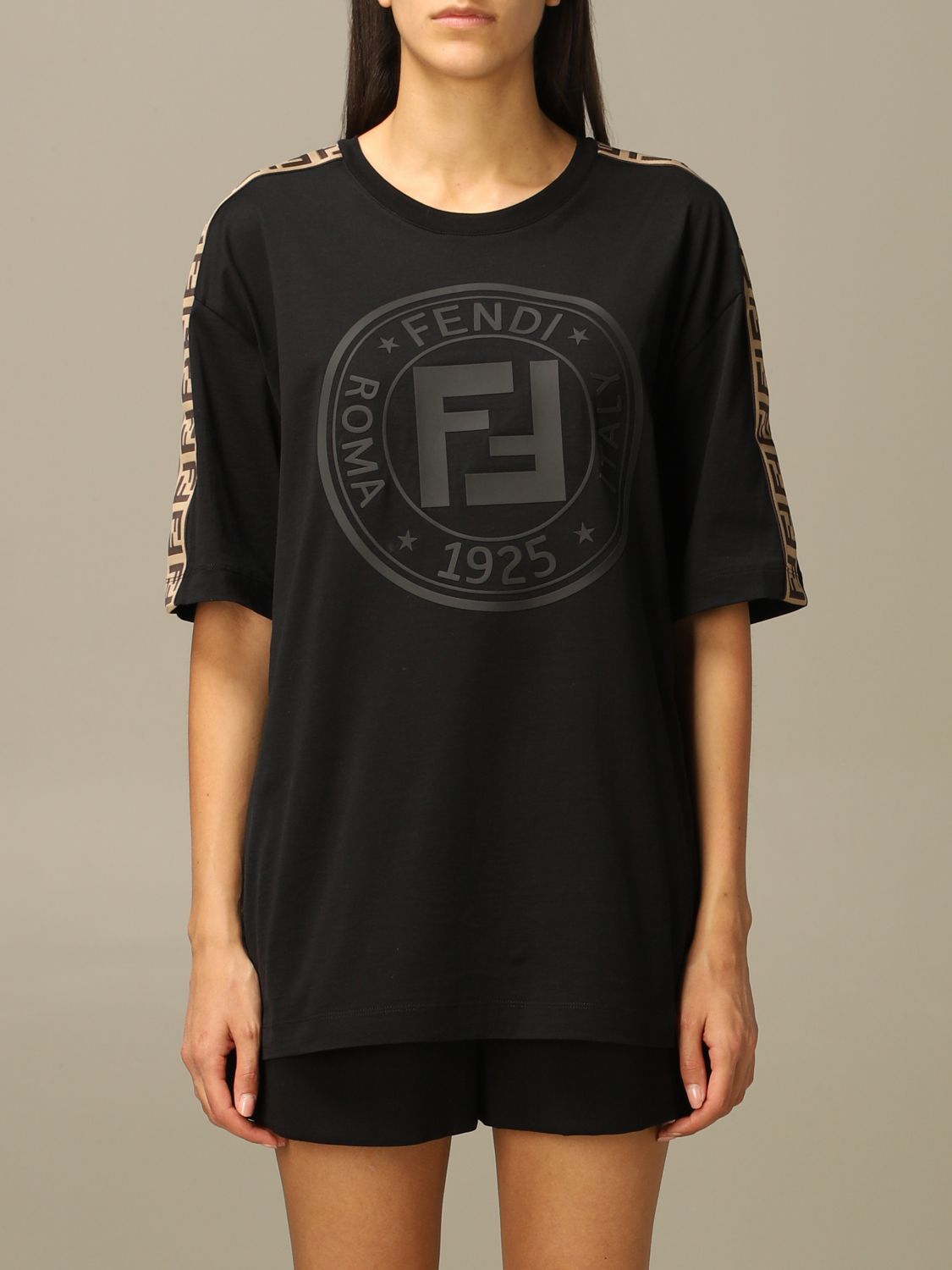 FENDI: cotton t-shirt with FF bands | T-Shirt Fendi Women Black | T-Shirt Fendi FAF127 ADHA 
