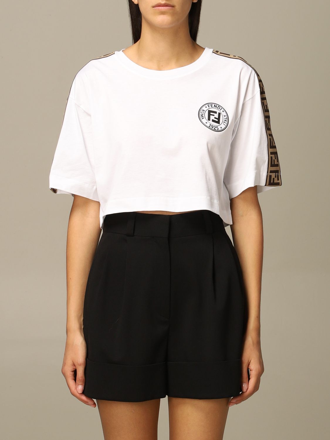 FENDI: cropped cotton T-shirt with FF bands - White | Fendi t