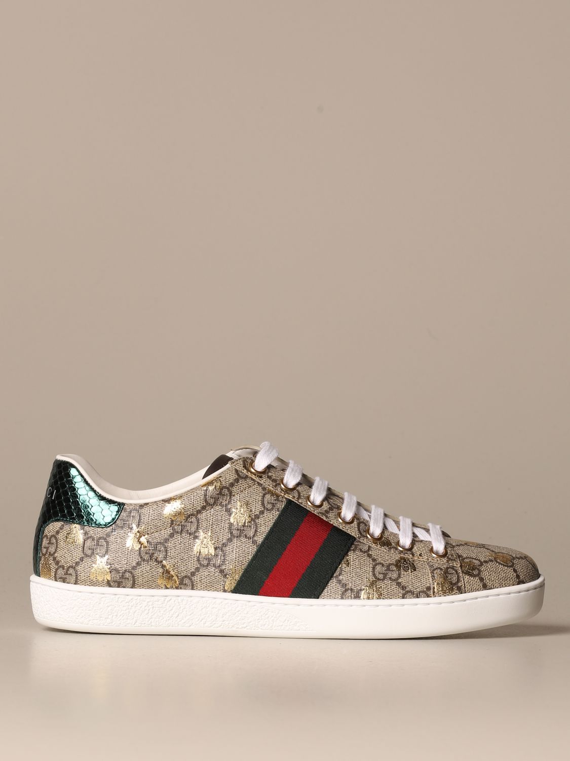 GUCCI: Ace sneakers with GG Supreme print and laminated bees - Beige