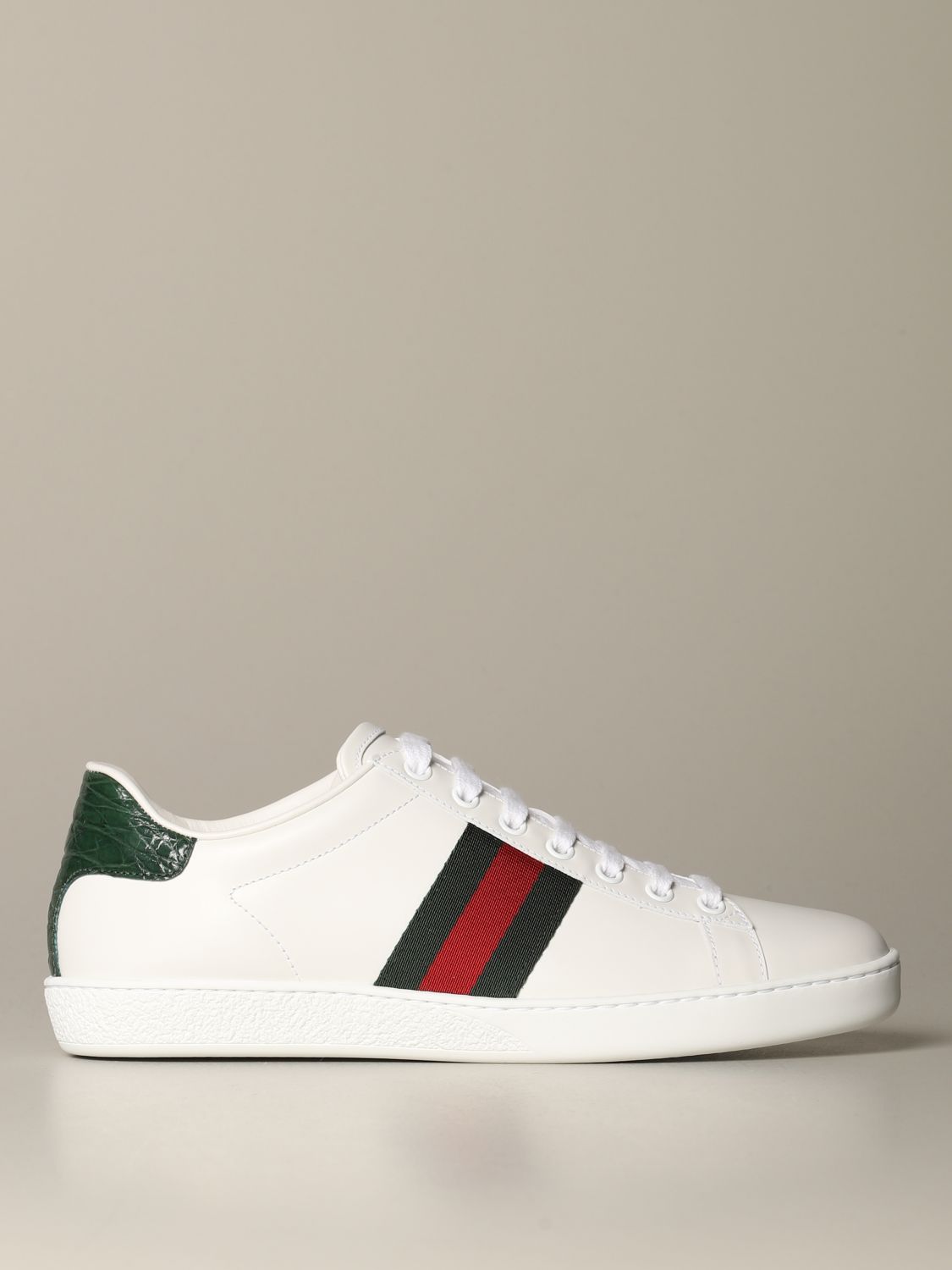GUCCI: Ace leather sneakers with Web bands - White | Gucci sneakers ...
