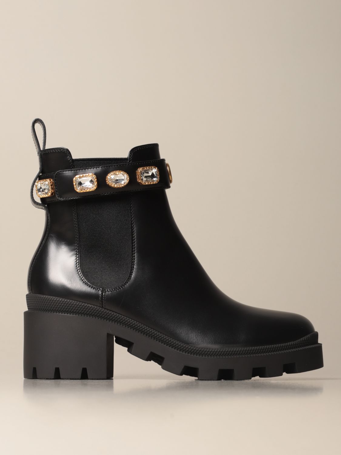 GUCCI: leather ankle boot with rhinestone strap - Black | Flat Booties ...