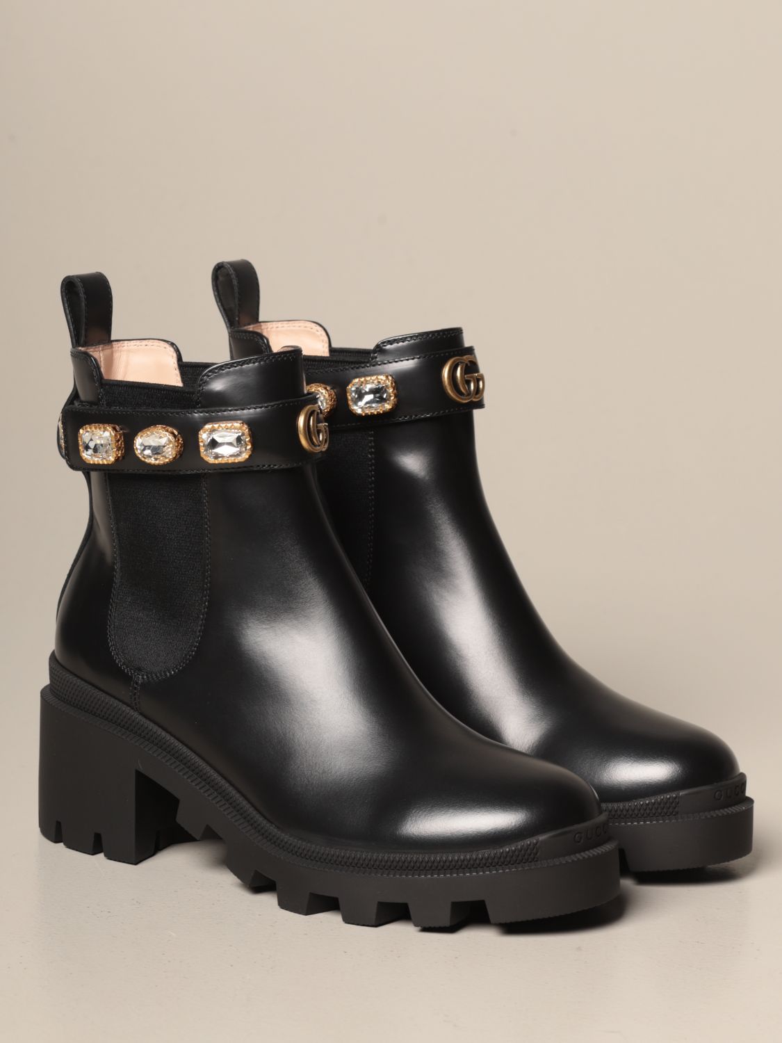 GUCCI: leather ankle boot with rhinestone strap - Black | Gucci flat booties  550036 DKS00 online on 