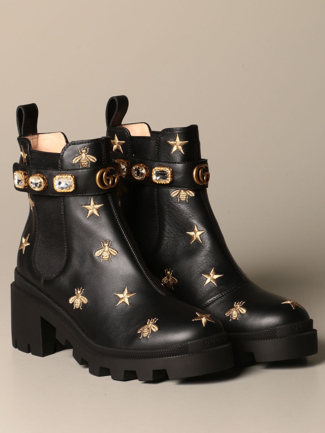 gucci leather embroidered ankle boot