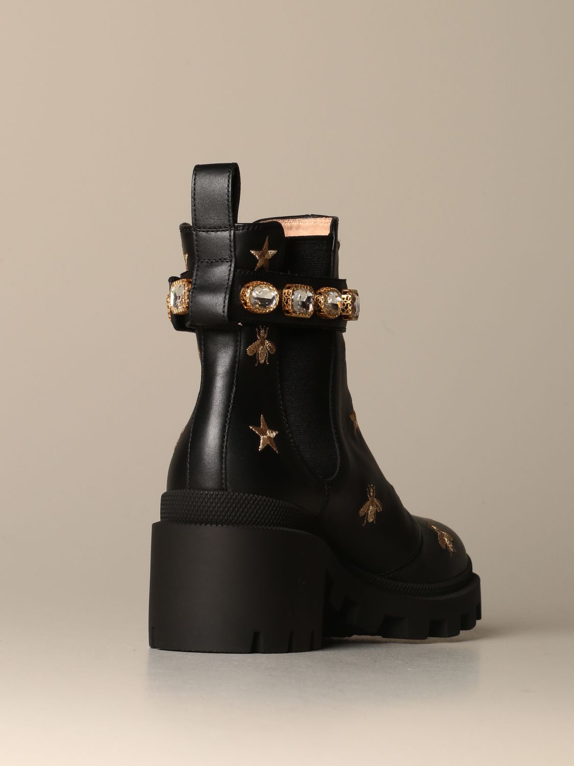 GUCCI: ankle boot in leather with bee embroidery and stars all over - Black | Gucci heeled booties 557735 AYO10 online GIGLIO.COM