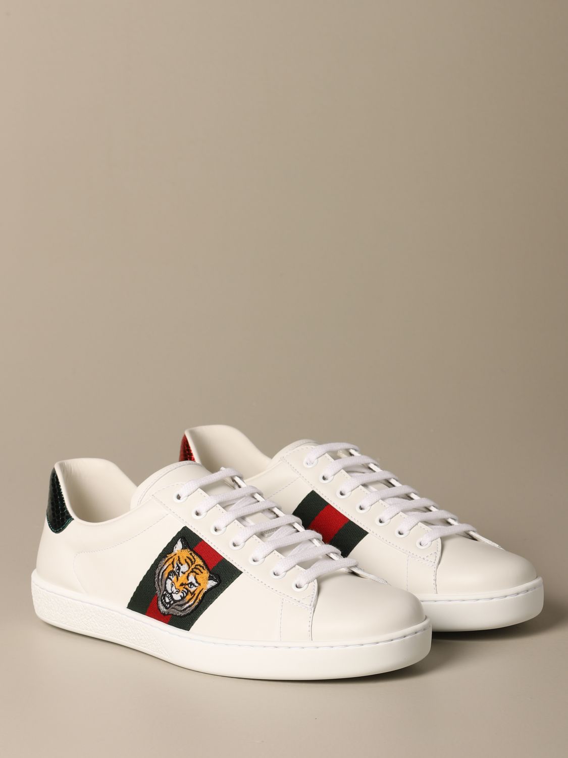 GUCCI: Ace leather with Web bands and tiger patch | Gucci Men White | Sneakers Gucci 457132 02JP0