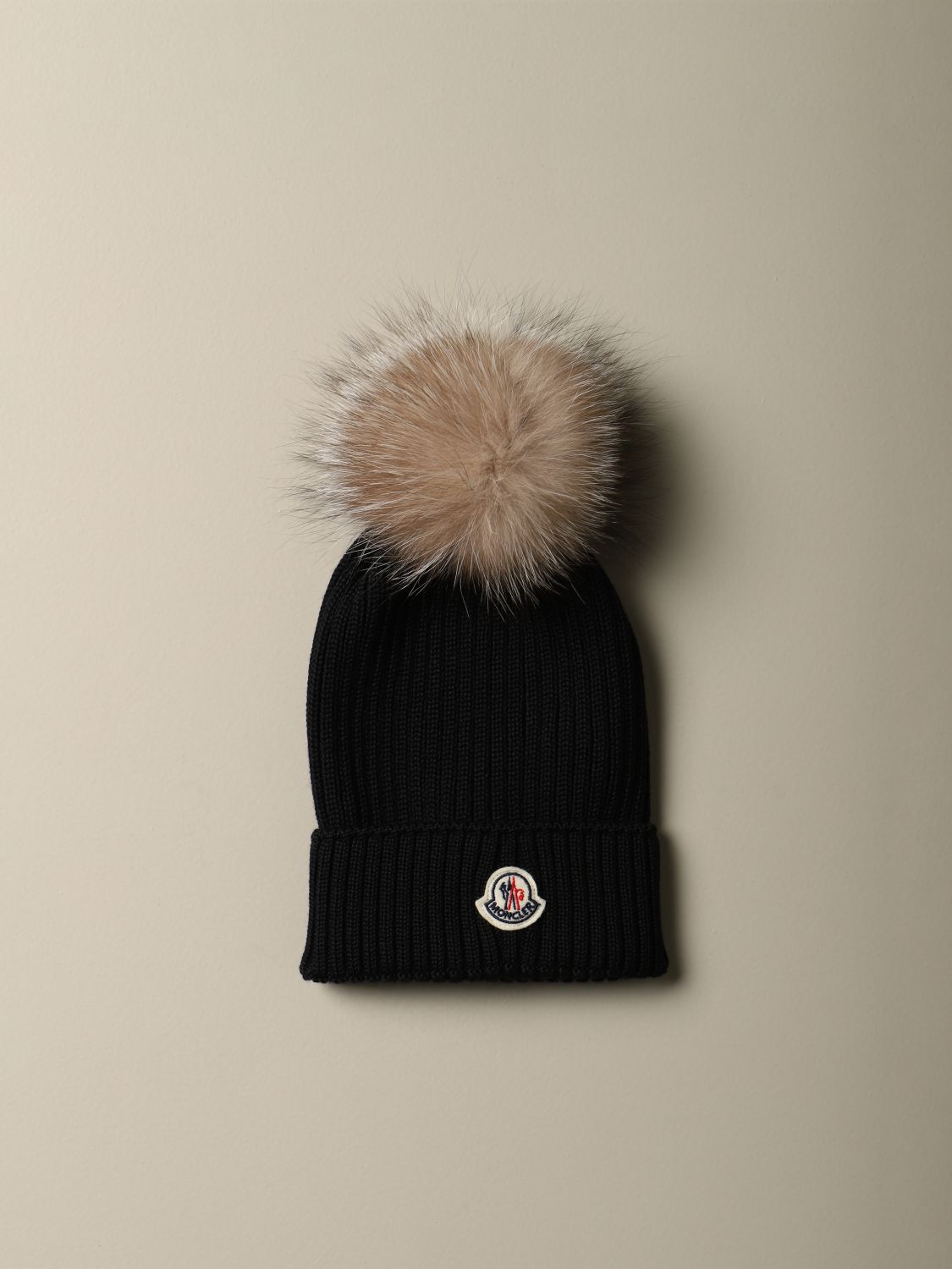 MONCLER: wool hat with maxi pompom - Black | Moncler girls' hats ...