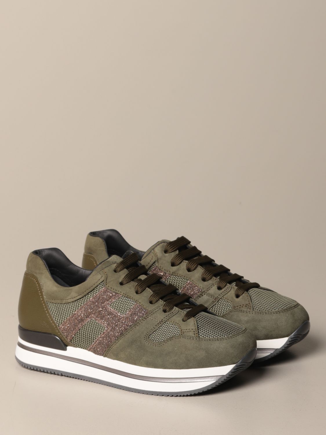HOGAN: H222 running sneakers in suede with glitter H - Green | Sneakers