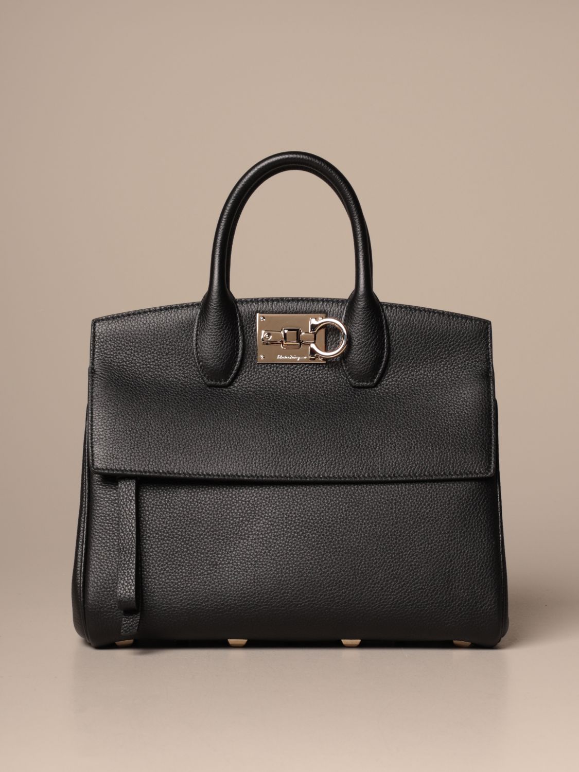 FERRAGAMO: Studio bag in textured leather - Black | Ferragamo handbag ...