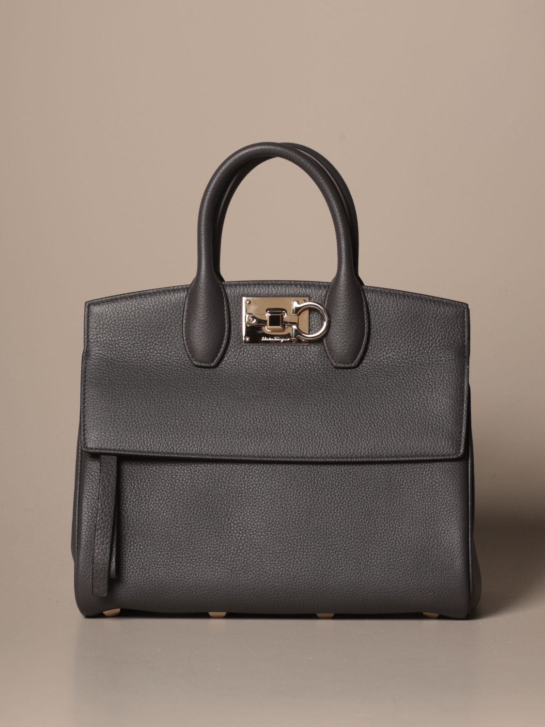 FERRAGAMO: Studio bag in textured leather - Grey | Ferragamo handbag ...