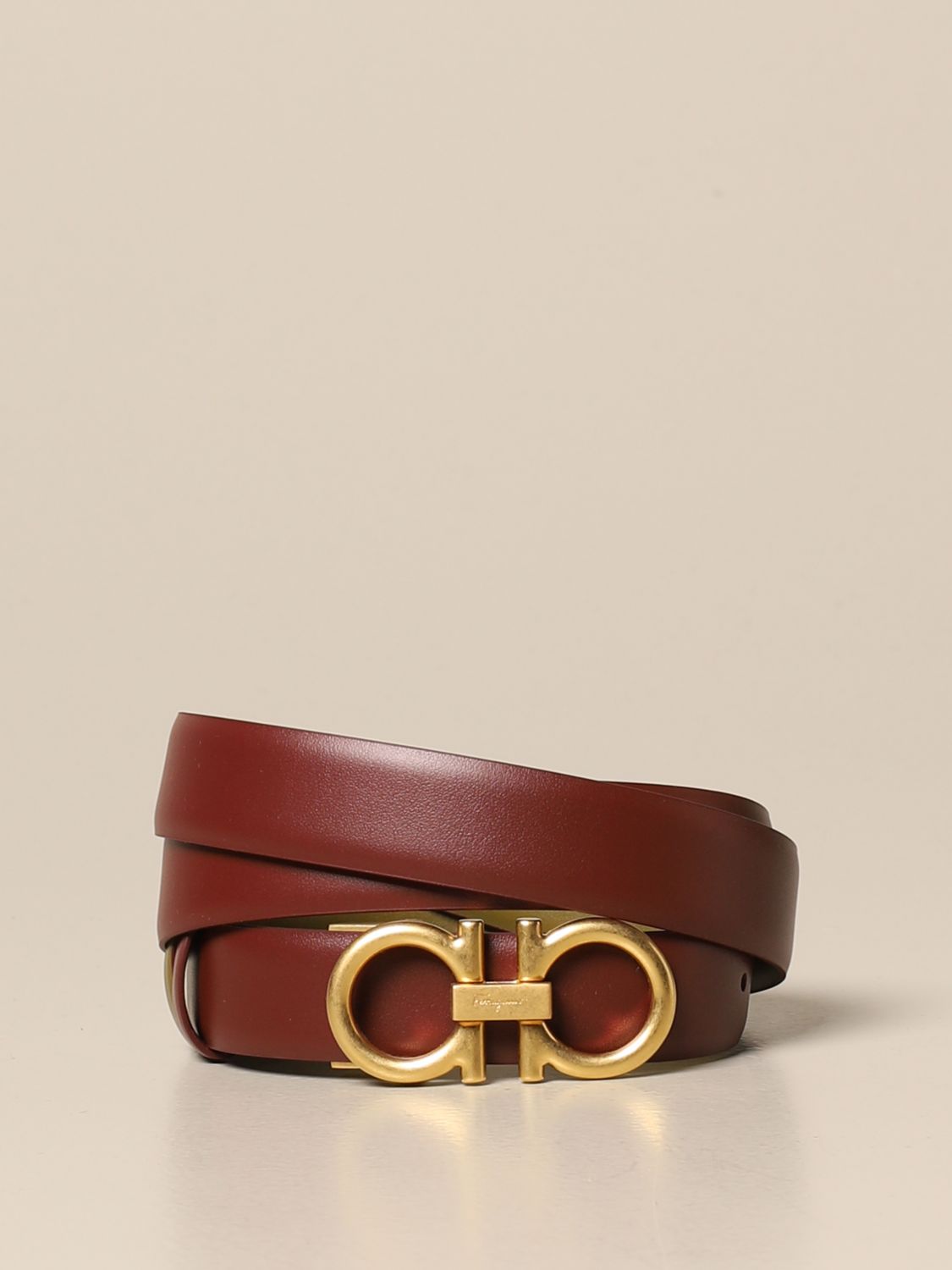 FERRAGAMO: Gancini belt in reversible leather - Burgundy | Ferragamo ...