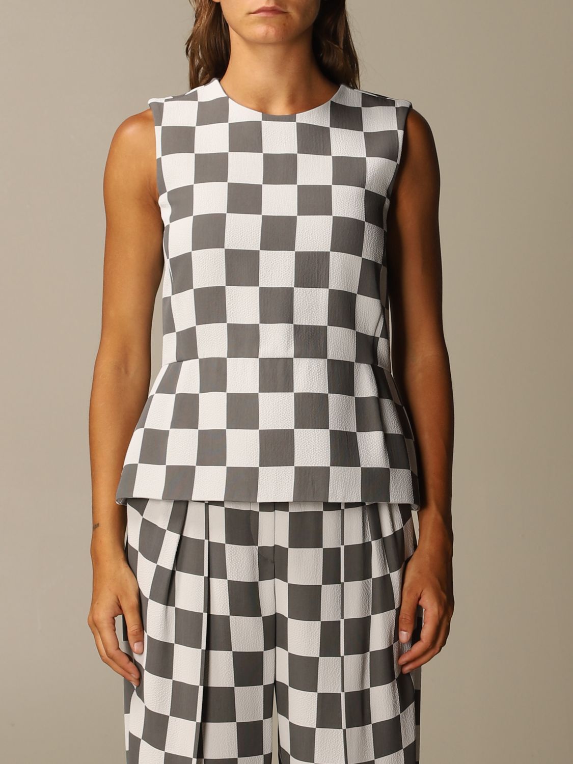 Emporio Armani Outlet: Top in misto viscosa a scacchi - Grigio | Top E  Bluse Emporio Armani 9NK10T 92106 GIGLIO.COM