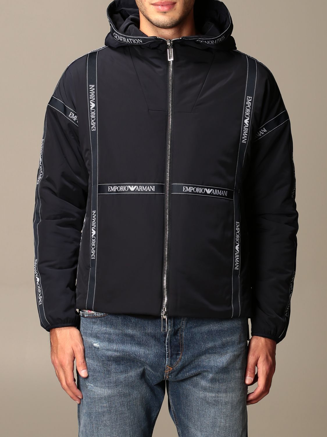 Emporio Armani Outlet: jacket with logoed bands - Blue | Emporio Armani ...