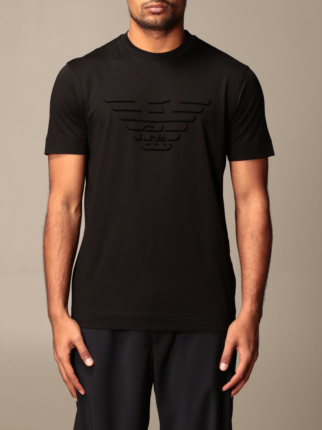 EMPORIO ARMANI: cotton t-shirt with flock logo - Black | Emporio Armani ...
