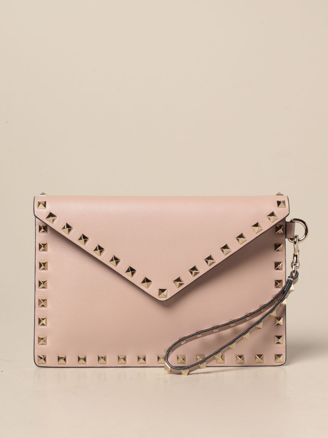 Valentino Garavani Pink Rockstud Large Leather Envelope Clutch Bag In Rosa