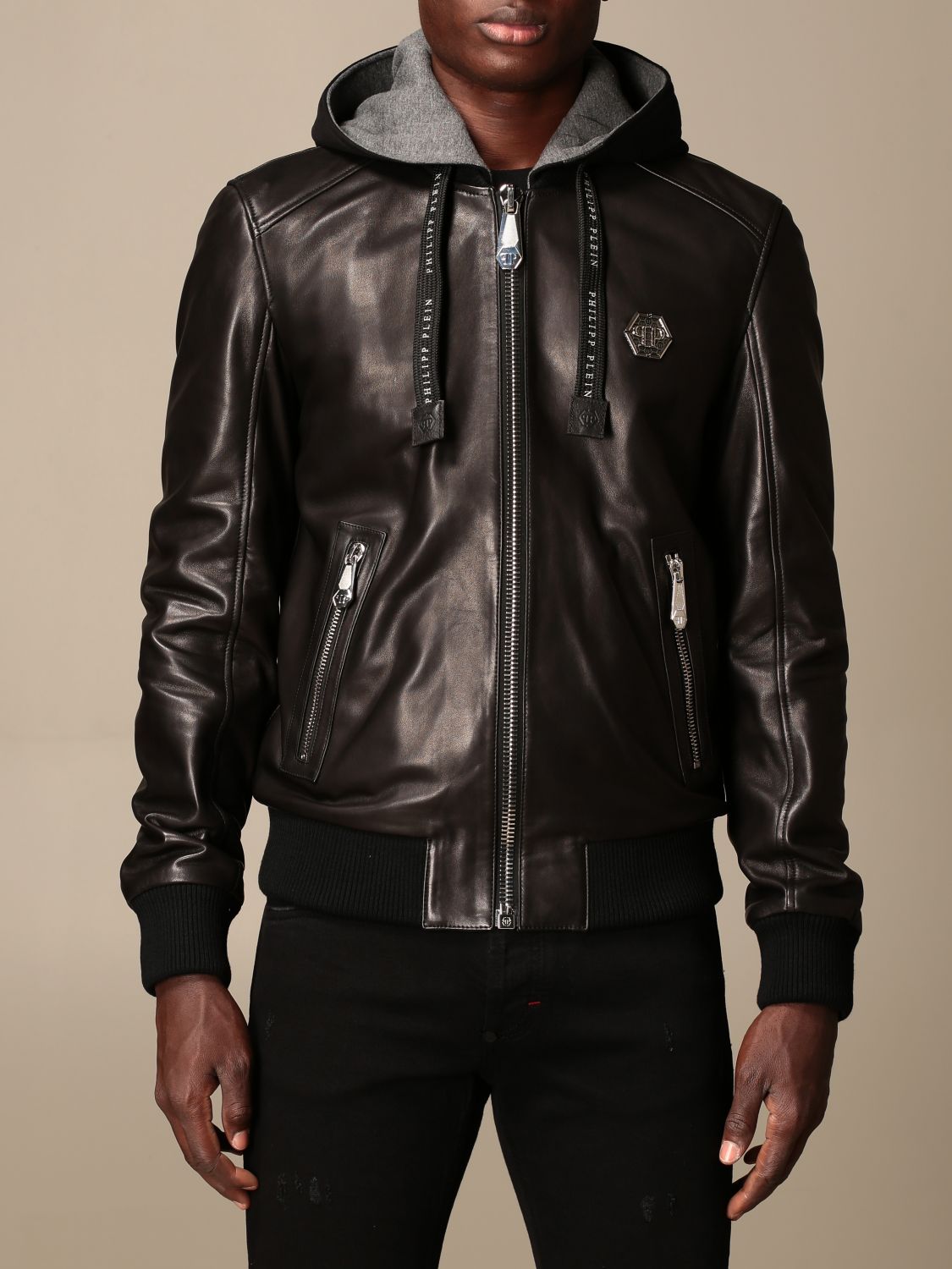 PHILIPP PLEIN: leather jacket with detachable hood - Black | Plein jacket MLB1185 PLE010N online on GIGLIO.COM