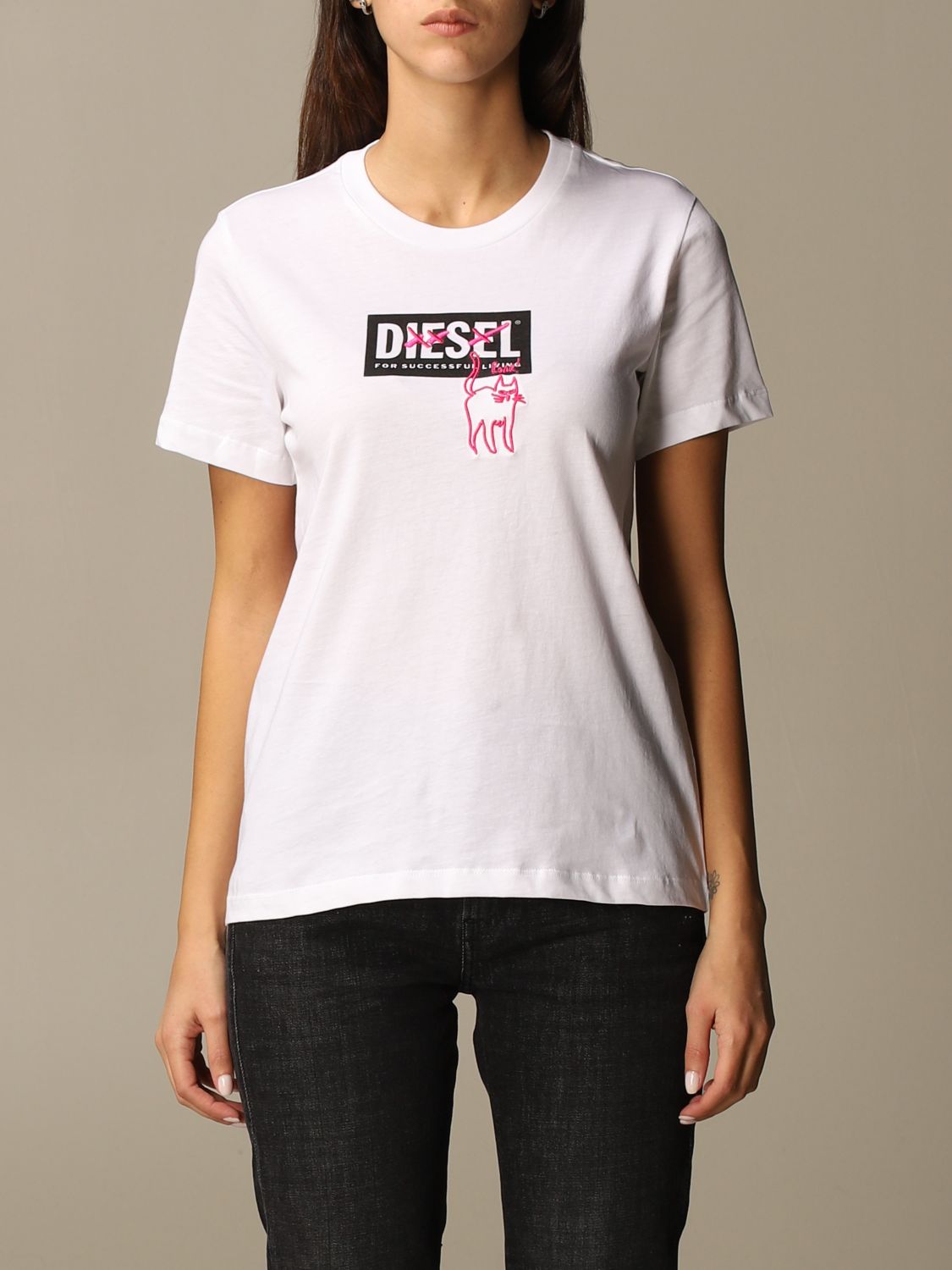 Bij zonsopgang Massage resterend DIESEL: t-shirt in cotton with cat logo - White | Diesel t-shirt A00255  0HERA online on GIGLIO.COM