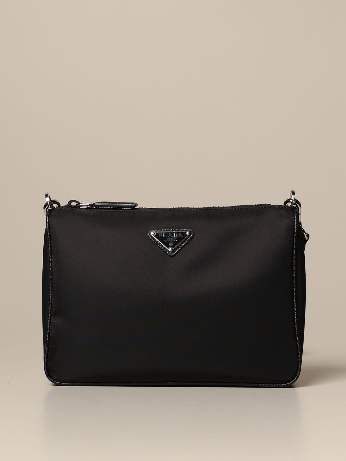 PRADA: nylon shoulder bag with triangular logo - Black | Prada shoulder ...