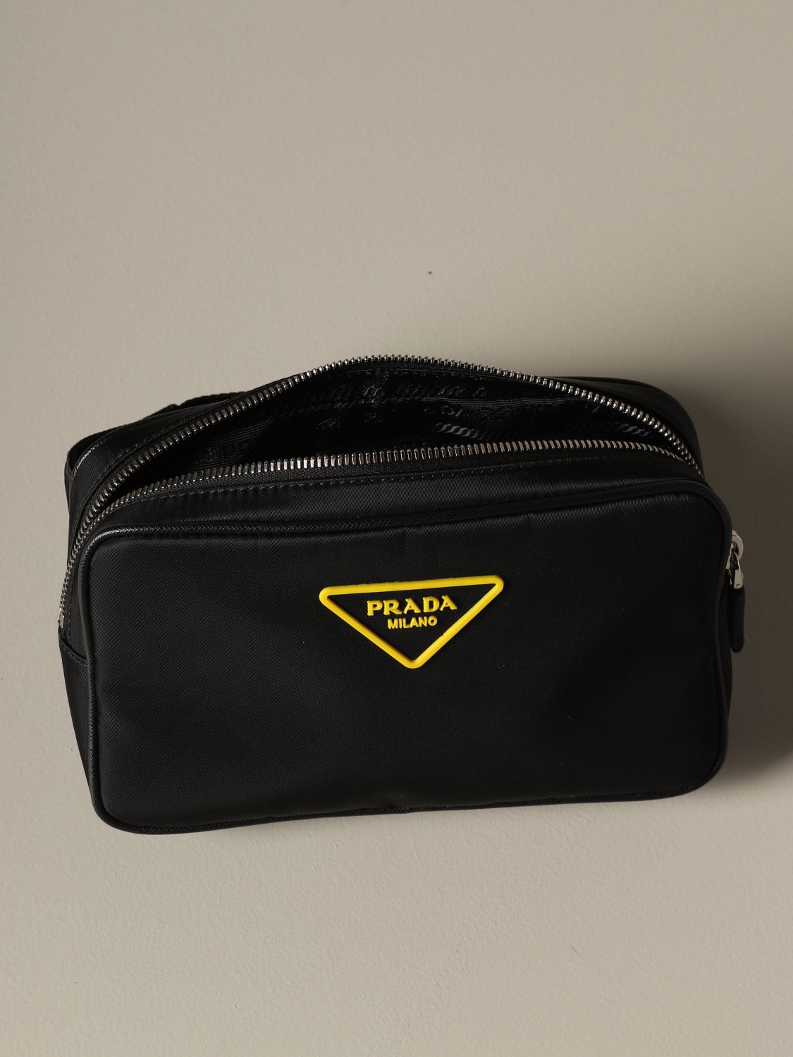 PRADA: nylon belt bag with triangular rubber logo - Black | Prada 