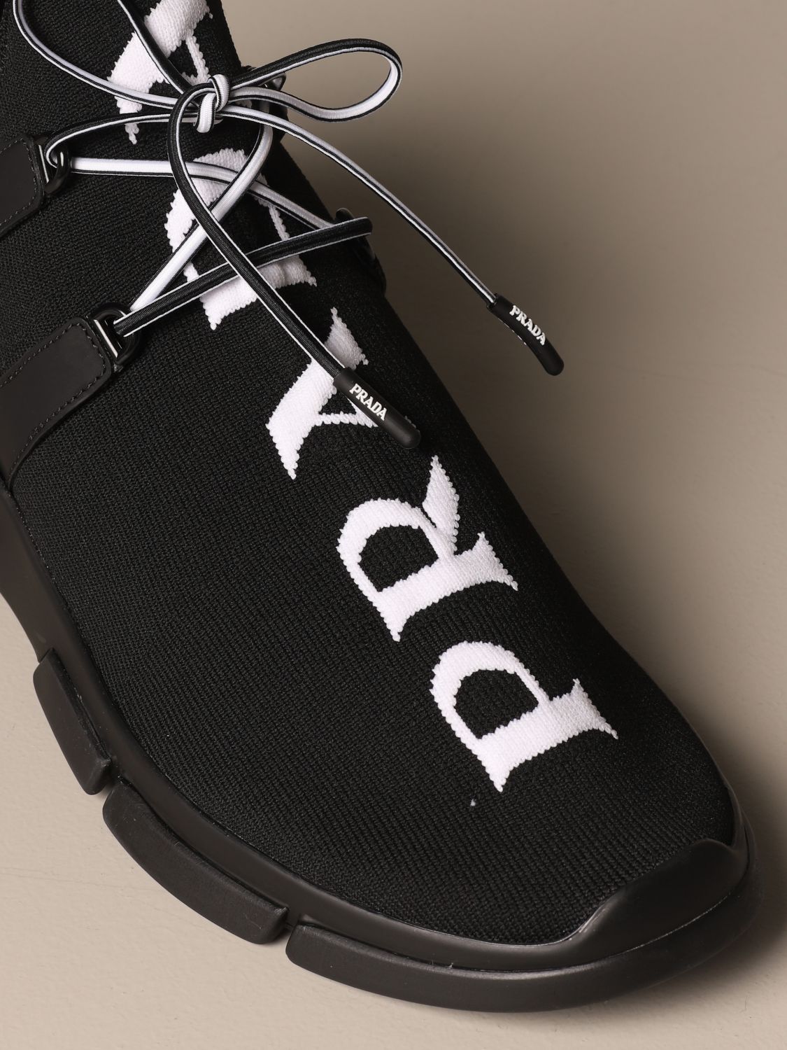 PRADA: sneakers in knit fabric with logo - Black | Prada sneakers