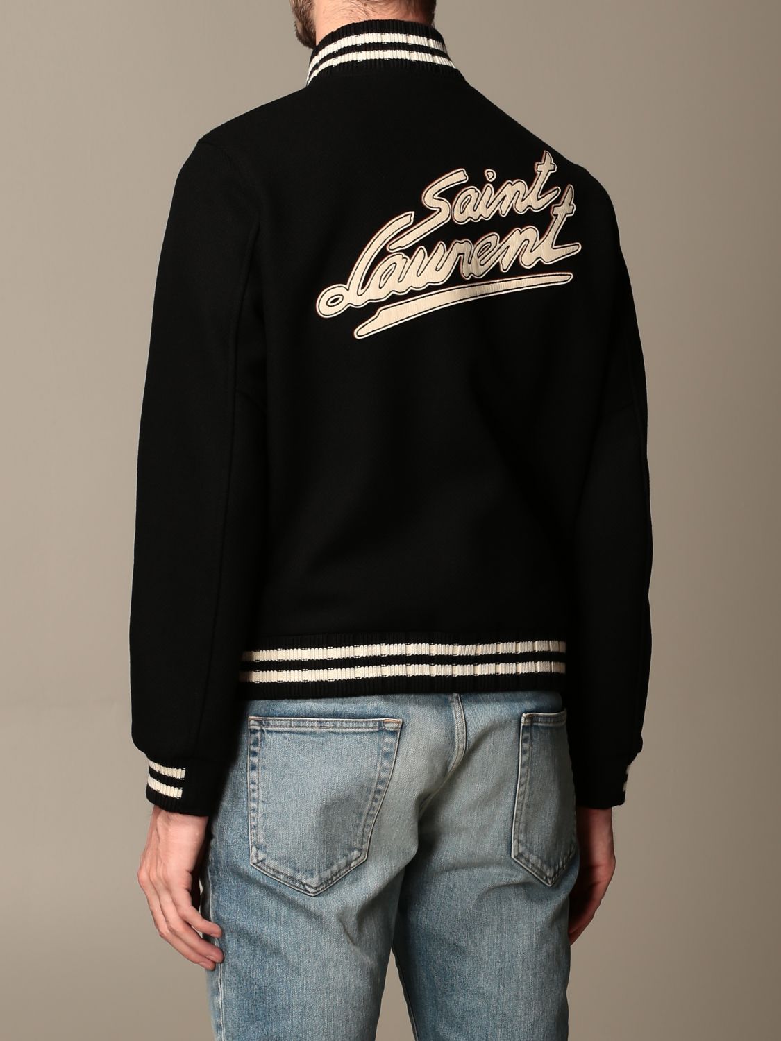 SAINT LAURENT: Wool bomber with back logo | Jacket Saint Laurent Men ...