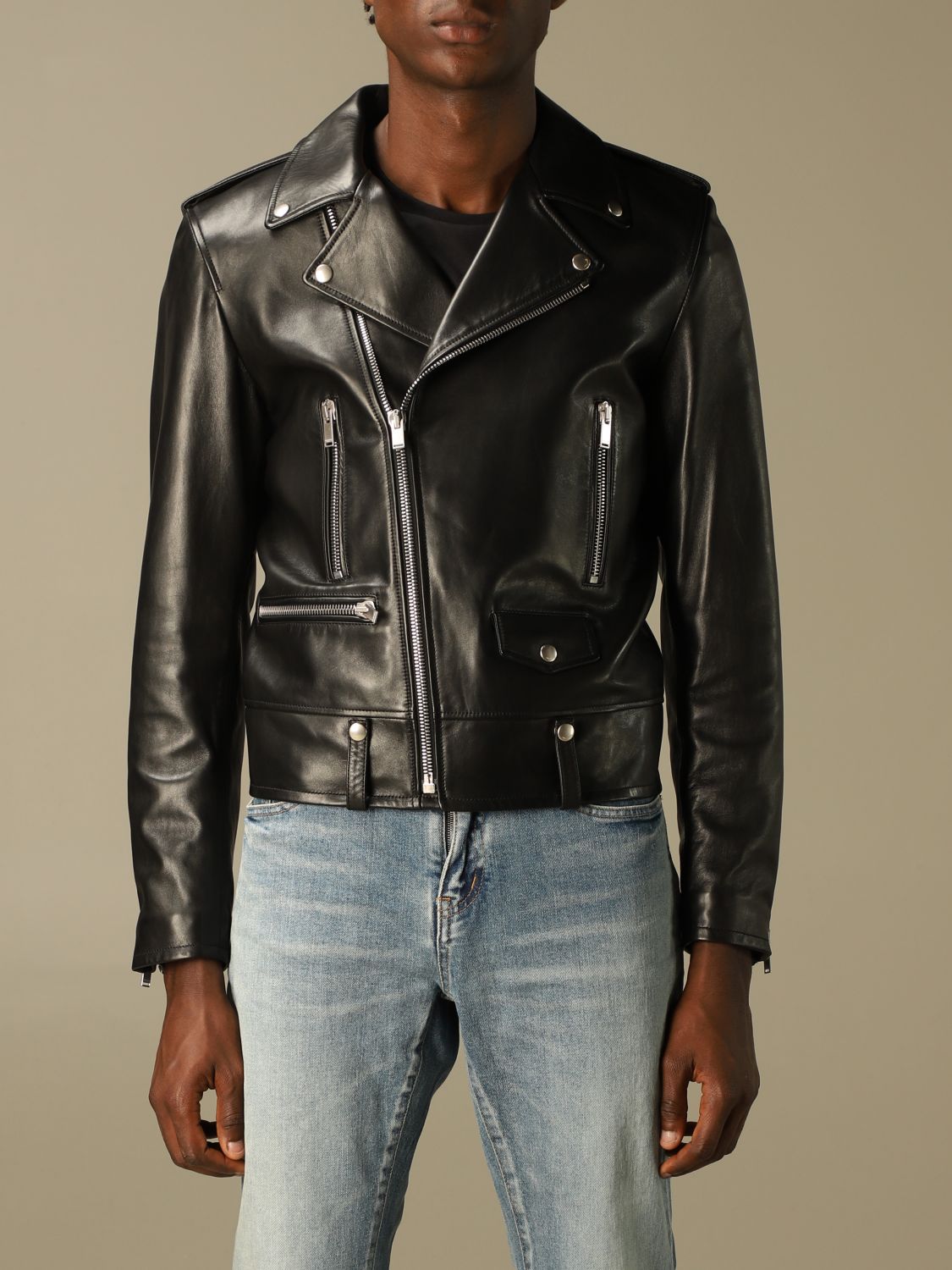 SAINT LAURENT: Motorcycle leather nail - Black | Saint Laurent jacket ...