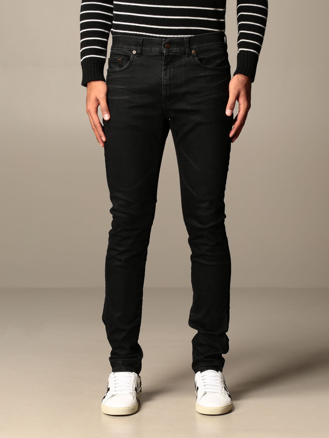 Saint Laurent Outlet: coated stretch skinny jeans - Black | Saint 