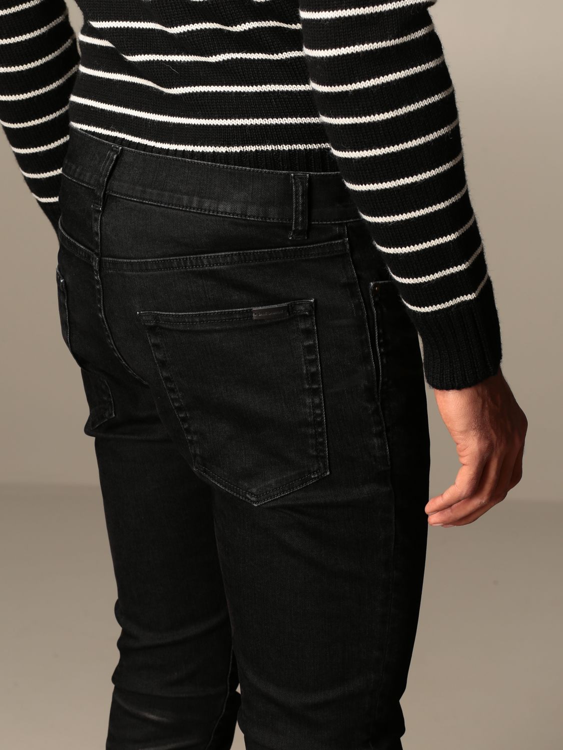 Saint Laurent Outlet: coated stretch skinny jeans - Black | Jeans Saint