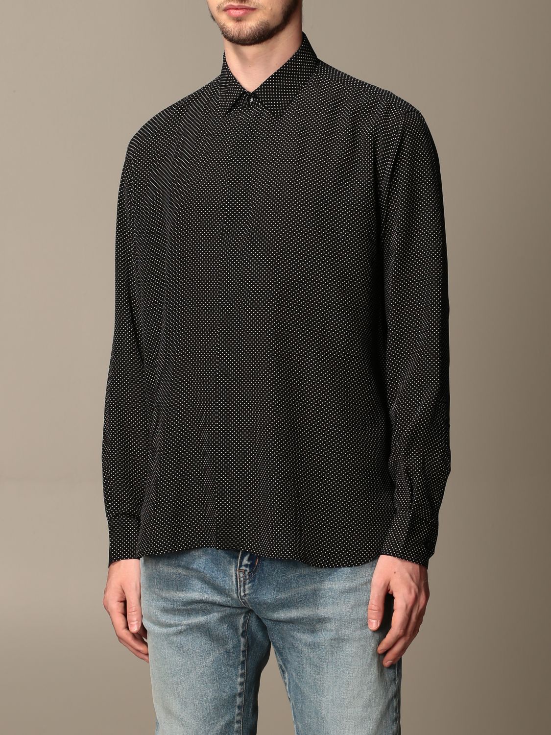 SAINT LAURENT: shirt in micro polka dot silk - Black | Saint Laurent ...