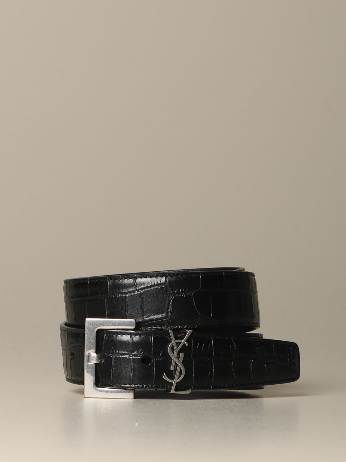 Saint Laurent Men's Logo-Embellished Croc-Effect Leather Belt