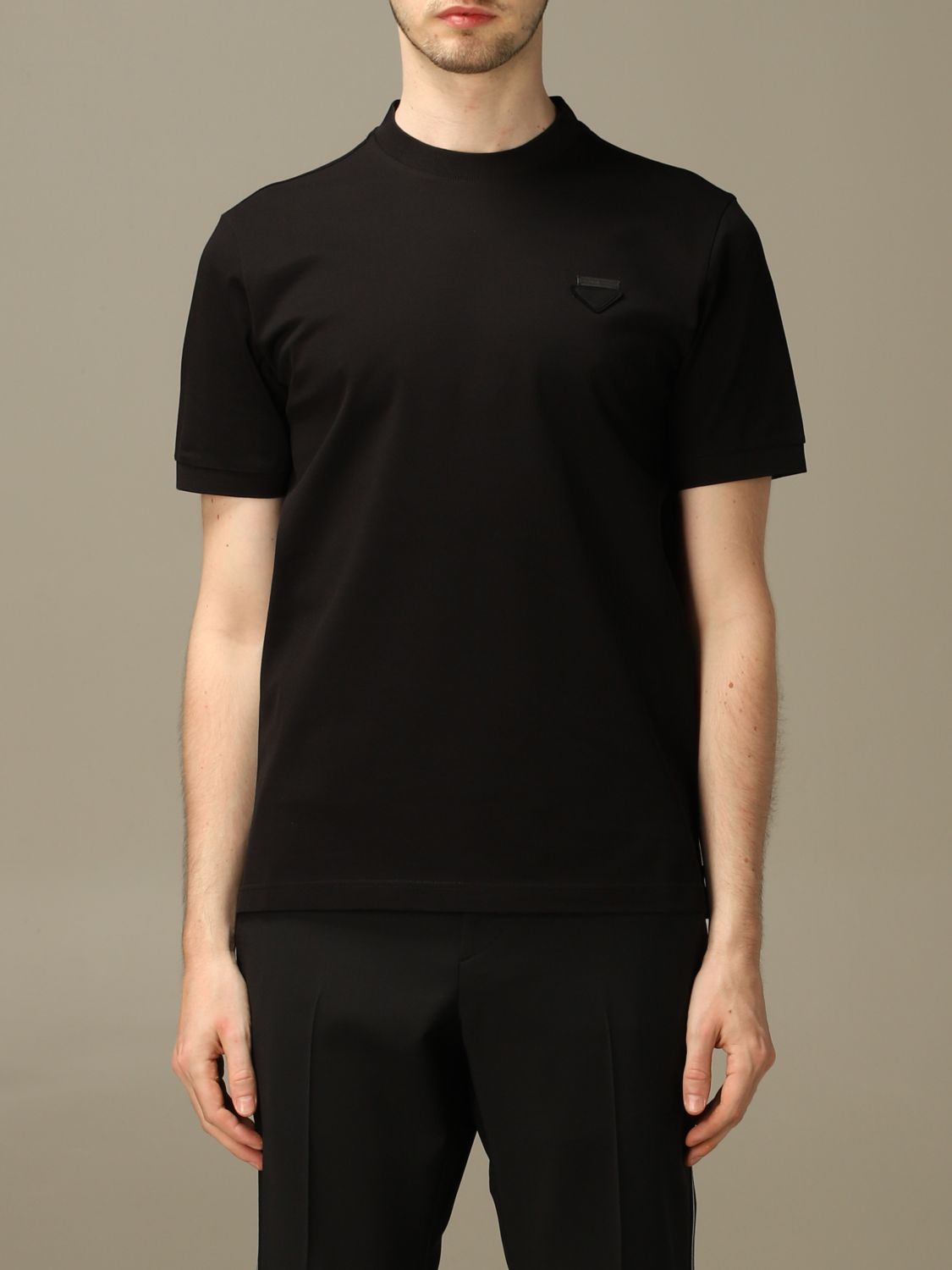 PRADA: pique cotton T-shirt with triangular logo - Black | Prada t ...