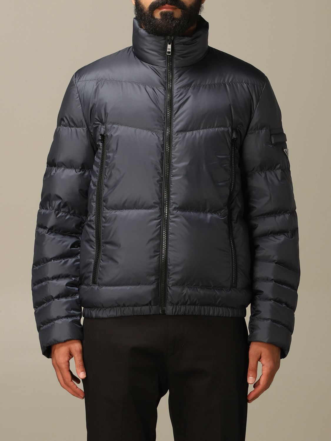 PRADA: technical leather down jacket with triangular logo - Navy | Prada  jacket SGB531 1ID1 online on 