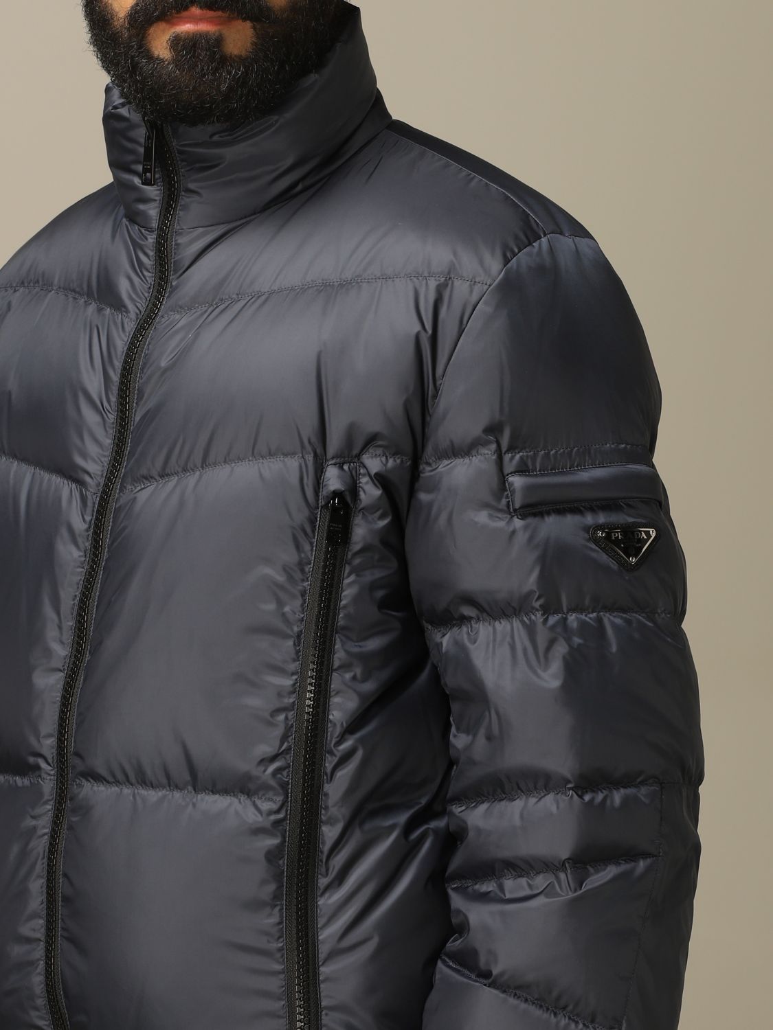 PRADA: technical leather down jacket with triangular logo - Navy
